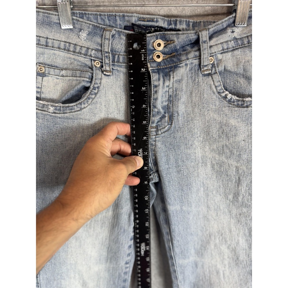 One Tuff Babe Jeans Womens 9/10 Blue Stretch Flare Denim Light Wash Distressed - Picture 3 of 15